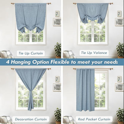 DriftAway Double Layer Linen Blackout Tie Up Curtains Thermal Insulated Fully Lined Balloon Roman Shade Bathroom Window Adjustable Rod Pocket for Small Window 25 Inch by 47 Inch Dusty Blue
