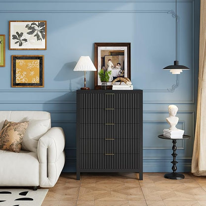 5 Drawer Dresser, 43" Tall Dresser Organizer TV Drawer Cabinet Modern Wood Storage Cabinet, Modern Wood Storage Cabinet for Bedroom, Hallway, Entryway, Black Oak X 2