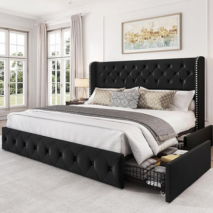 LARMACE King Size Bed Frame with 4 Storage Drawers and Tufted Headboard Velvet Upholstered Platform Bed Frame Wingback Beds with Wooden Slats Support, Easy Assembly, Black