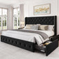 LARMACE King Size Bed Frame with 4 Storage Drawers and Tufted Headboard Velvet Upholstered Platform Bed Frame Wingback Beds with Wooden Slats Support, Easy Assembly, Black