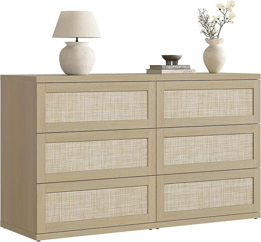 SICOTAS Dresser for Bedroom - 50" Wide 6 Drawer Dresser Rattan Dressers & Chests of Drawers Boho Drawers for Bedroom Bedside Table Clothes Large Closet Storage for Closet Hallway Entryway