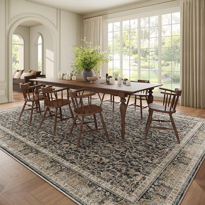 Washable 10x14 Area Rugs for Living Room, Boho Non-Slip Vintage Distress Large Rugs for Bedroom Dining Room Office, 0.3" Neutral Oriental Throw Thin Carpet, Black/Brown/Blue/Multi