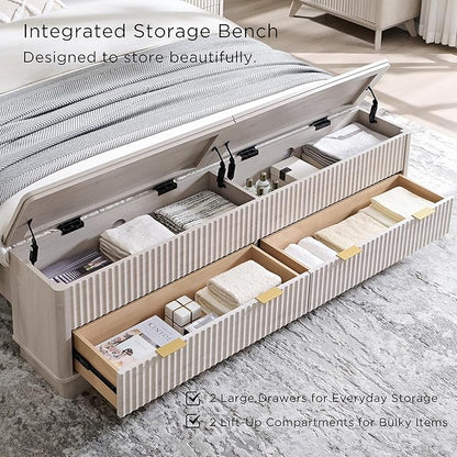 T4TREAM Fluted Queen Size Bed Frame with Wingback Headboard, Footboard Storage Bench with Built-in Drawers & Lift-Up Compartments, Wood & Steel Platform Bed, No Box Spring Needed, White Alder