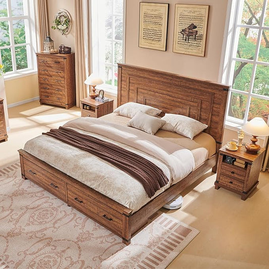 T4TREAM Farmhouse King Size Bed Frame with 54" Tall Geometric Headboard & 2 Large Storage Drawers, Rustic Wood Platform Bed with Wood Slats Support, No Box Spring Needed, Reclaimed Barnwood