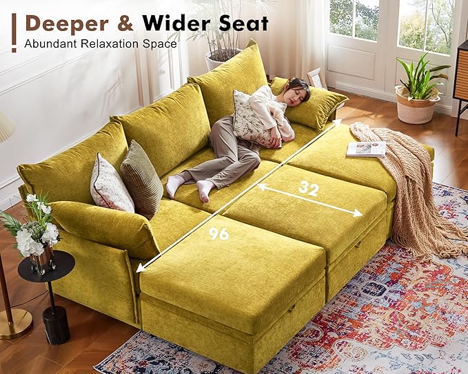 ABCASA 102.6" Luxury Modular Sleeper Sofa Bed 6 Seat Reversible Sectional Couch Deep Seat with Storage Chaises Removable Cover for Living Room, Apartment - Chenille Yellow