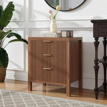End Table with Storage, Wooden Farmhouse Nightstands with 3 Drawers, Bedside Table - Boho Tall Side Table Accent for Bedroom, Living Room, Walnut