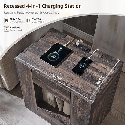 OKD Modern Nightstand with Charging Station, 24" Large Bedside Table, Rustic End Table with Drawers & Open Shelf for Bedroom/Living Room, Night Stand Wood Thick Design,Dark Rustic Oak
