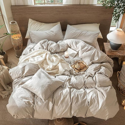 MooMee Wavy Striped Duvet Cover Set 100% Washed Cotton Linen Like Textured Breathable Durable Soft Comfy (Beige, Oversized Queen 98"x98")