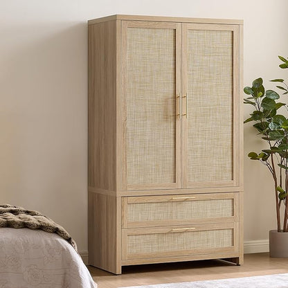 SICOTAS Rattan Armoire Wardrobe Closet Cabinet, 71" Wardrobe Storage Cabinet with 2 Drawers, and Hanging Rod, Boho Large-Capacity Deep Armoire Clothes Organizer for Bedroom, Cloak Room, Light Oak