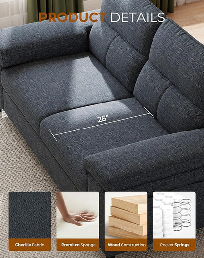 88.97" Modern Sofa Couch for Living Room, Deep Seat Sofas with 8”Cushion, Comfy 2-Seater Chenille Loveseat with Convertible Armrest, Removable Sofa Cover, High Leg (Blue)