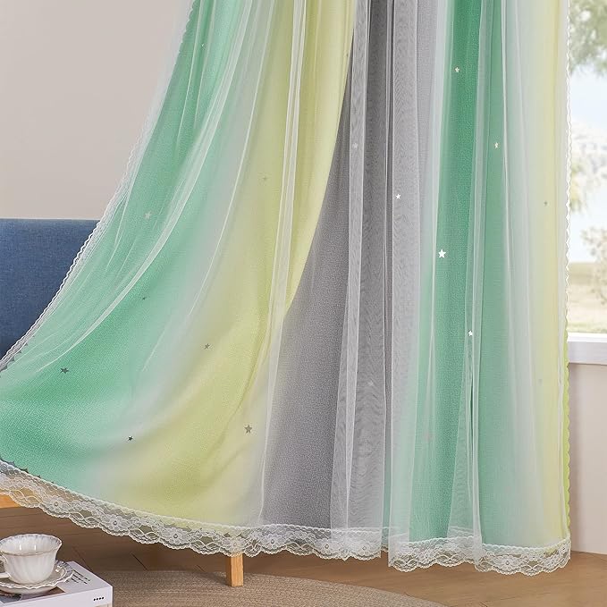 XiDi Yellow & Rainbow Curtains for Kids & Girls Room - Blackout, Grey & Green 34x63 Inch Long