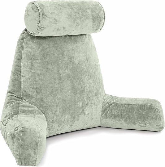 Husband Pillow XXL Reading Pillow for Bed Backrest with Arms - Desert Sage Adult - Unmatched Support Pillow for Sitting Up in Bed - Shredded Memory Foam Comfy Microplush Cover & Detachable Neck Roll