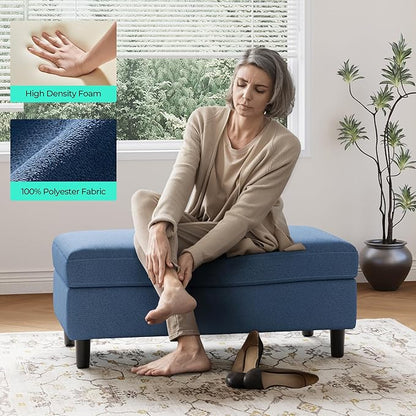 LINSY HOME 46 Inches Wide Storage Ottoman Bench, Linen Coffee Table Long Shoes Bench Footstool, Storage Chest, Foot Rest Stool, for The Living Room, Entryway and Family Room (Blue)