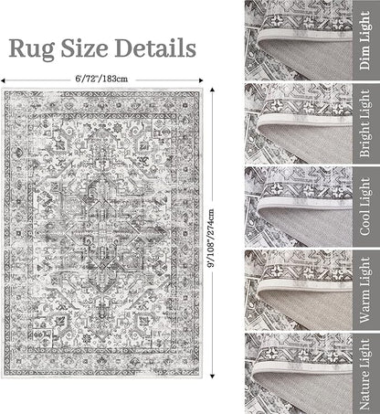 zesthome 6x9 Area Rug, Super Soft Washable Rugs for Living Room, Non-Slip Stain Resistant Vintage Rugs, Ultra-Thin Large Area Rugs (Grey/White,6'x9')