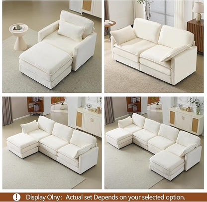 Plush Cloud 3-Seater Sofa with 2 Footstools and Beige Chenille Cushions, Modular 4-Seater Sofa for Small Space Apartment Living Room Bedroom