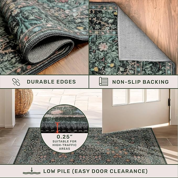 Dark Green 2 x 8 Runners for Hallways, 8ft Long Floor Runner for Kitchen, Entryway Indoor, Washable Non Skid Rubber Backing Stain Resistant - Vintage Floral Décor
