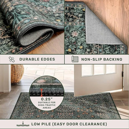 Vintage 3x8 Wide Runners for Hallways, Long 8ft Floor Runner for Kitchen, Entryway Indoor, Washable Non Skid Rubber Backing Stain Resistant - Dark Green Floral Décor