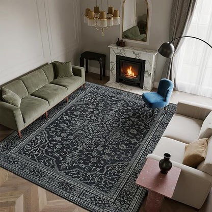 Washable Rugs 8x10 Area Rugs for Living Room,Bedroom,Dining Room- Soft Low Pile Stain-Resistant Carpet with Non-Slip Rubber Backing,Large Vintage Area Rug for Farmhouse Nursery Home Office Decor