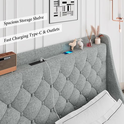 iPormis Queen Bed Frame with 4 Storage Drawers, Upholstered Platform Bed Frame with Type-C & USB Ports, Wingback Storage Headboard, Solid Wood Slats, No Box Spring Needed, Light Gray