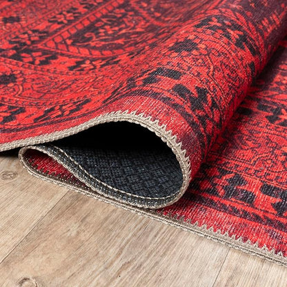 Bloom Rugs Washable Non-Slip 2' x 3' Rug - Red Traditional Bordered Area Rug for Living Room, Bedroom, Dining Room, and Kitchen - Exact Size: 2' x 3'