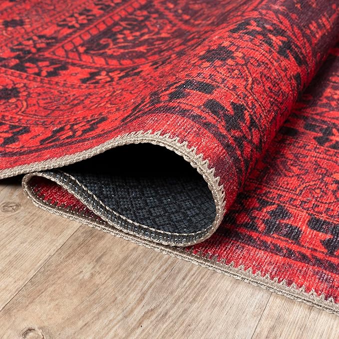 Bloom Rugs Washable Non-Slip 4' x 6' Rug - Red Traditional Bordered Area Rug for Living Room, Bedroom, Dining Room, and Kitchen - Exact Size: 4' x 6'