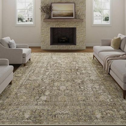 Brown Area Rug 5x7 Machine Washable Vintage Living Room Distressed Non Slip Carpet Traditional Indoor Bedroom Retro Floral Accent Throw Large Rug Office Kitchen Bathroom Dining Room