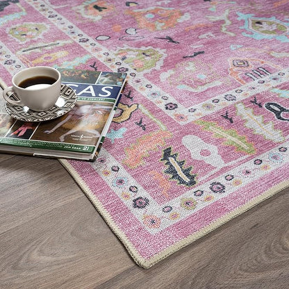 Fame Rugs Pink Modern Oushak Rug 2x3, Vintage Doormat Turkish Colorful Oriental Antique Inspired Washable Small Area Rug, Luxury Living Room Bedroom (995PP, 2' x 3')