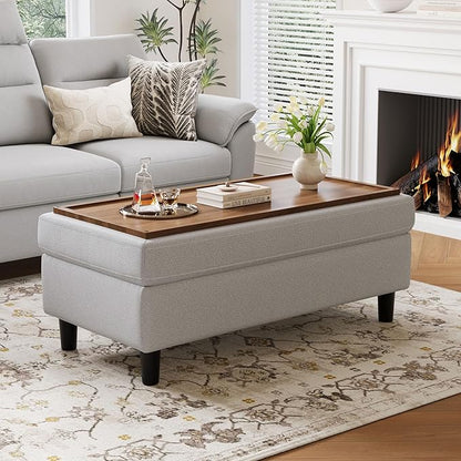 LINSY HOME 46 Inches Wide Storage Ottoman Bench, Linen Coffee Table Long Shoes Bench Footstool, Storage Chest, Foot Rest Stool, for The Living Room, Entryway and Family Room (Grey)