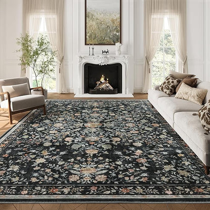 AMADA HOMEFURNISHING Area Rugs 9x12, Washable Floral Rug Non Slip Large Living Room Rug Vintage Distressed Soft Carpet for Bedroom, Dinning Room, Home Office