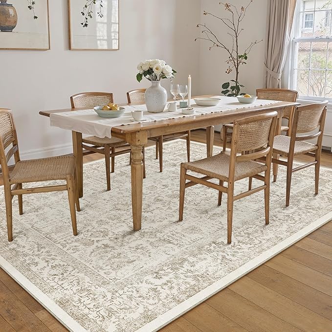 Light Brown Area Rug 6x9 Machine Washable Vintage Living Room Distressed Non Slip Carpet Traditional Indoor Bedroom Retro Floral Accent Throw Large Rug for Office Kitchen Dining Room