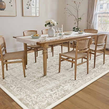 Light Brown Area Rug 10x12 Machine Washable Large Vintage Living Room Distressed Non Slip Carpet Traditional Indoor Bedroom Retro Floral Accent Throw Rug for Office Kitchen Dining Room