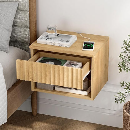 Floating TV Stands Set of 4 with Drawer and Open Shelf, Small Wall Mounted Bedside End Table, Modern Fluted Night Stand for Bedroom, Living Room, Natural Oak