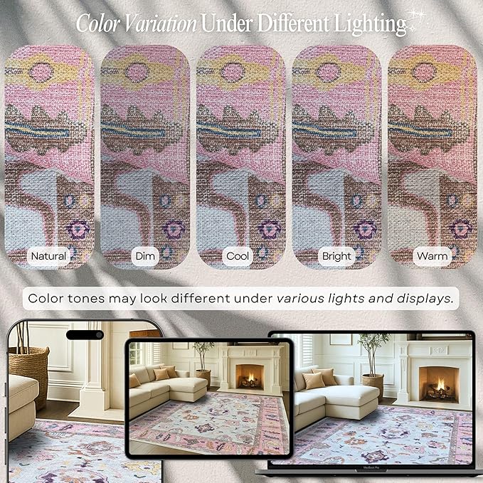 Fame Rugs Pink Beige Modern Oushak Rug 2x3, Vintage Doormat Turkish Colorful Oriental Antique Inspired Washable Small Area Rug, Luxury Living Room Bedroom (390PP, 2' x 3')