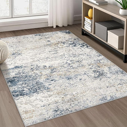 Area Rug Living Room Rugs - 4x6 Abstract Large Soft Indoor Washable Rug Neutral Modern Low Pile Carpet for Bedroom Dining Room Farmhouse Home Office - Beige Blue