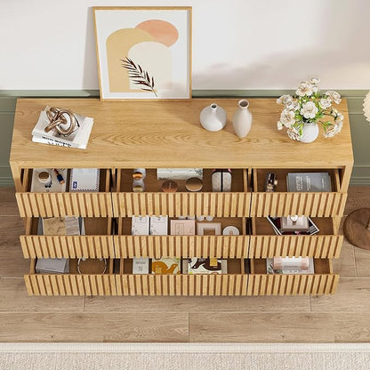 Long Dresser for Bedroom, Large Fluted Dresser with 9 Drawers, 58" Wide Modern Chest of Drawers, Wood Closet Clothes Storage Organizer, Wooden TV Stand for Living Room, Boho, Natural Oak