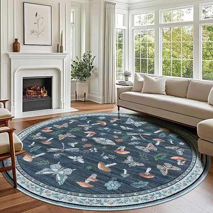 Mushroom Insect 6ft Round Rug Washable Non-Slip Soft Ultra-Thin Boho Circle Carpet for Living Room Bedroom Kitchen Nursery Dining Room Blue