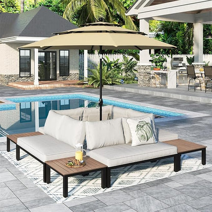 Sophia & William 9 Pieces Outdoor Patio Furniture Set with Cushions with 10ft 3 Tier Auto-tilt Umbrella(Beige), Metal Sectional Sofa Set Patio Conversation Set-4 x Loveseat Sofa, 4 x Tea Table