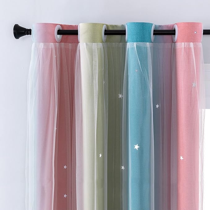 XiDi Curtains for Bedroom Decor, Rainbow Pink-Blue-34-90
