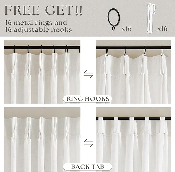 Pinch Pleated Linen Curtains 96 Inches Long for Living Room Bedroom Light Filtering Boho Window Drape 96 inch 2 Panels with Hooks Rings 8ft Cream Beige White Sliding Glass Door Semi Sheer Curtain