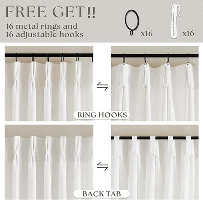 Off White Patio Sliding Door Curtains 100 Width 102 Inches Long Pinch Pleated Curtain Drape with Hooks Rings Light Filtering Semi Sheer Extra Wide 100x102 Drapes Panel for Living Dining Room