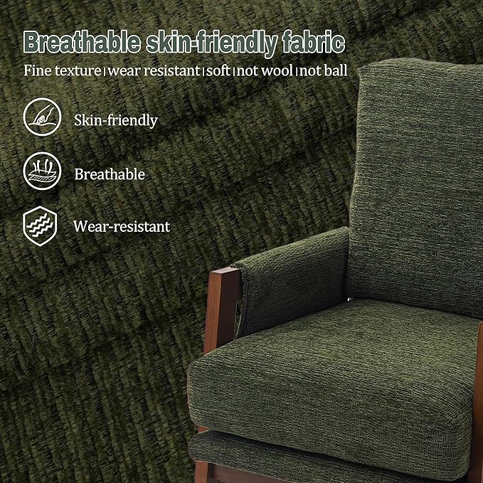 Green Accent Chair for Bedroom & Living Room, Mid Century Modern Accent Arm Chair, Upholstered Anthropologie Accent Chair with Solid Wood Frame, Fabric