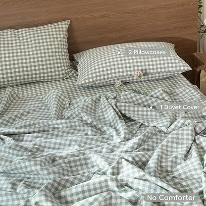 MooMee Gingham Duvet Cover Set 100% Washed Cotton Linen Like Textured Breathable Durable Soft Comfy Modern Checkered Design (Sage Green Gingham, Super Queen 90"x98")