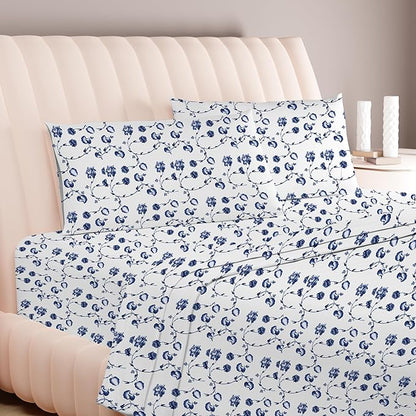 Carressa Linen Luxury Egyptian Cotton Twin XL Printed Sheet Set - 600 Thread Count Extra Long Staple 3 PC Set, Floral Blue Twin XL Sheets, Soft, Cooling Sateen Weave Sheets Upto 18 in Deep Pocket