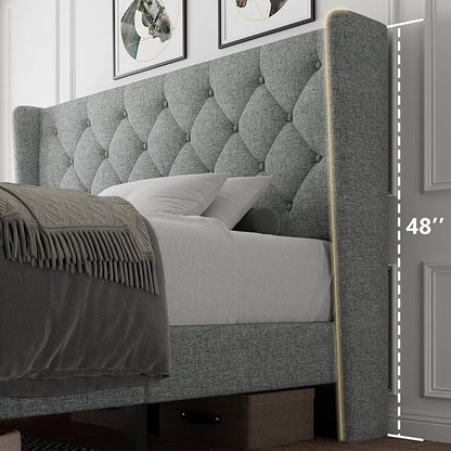 iPormis Full Size Platform Bed Frame with Button Tufted Headboard, Upholstered Bed Frame with Solid Wooden Slats, 8" Underbed Space, No Box Spring Needed, Noise Free, Easy Assembly, Light Gray