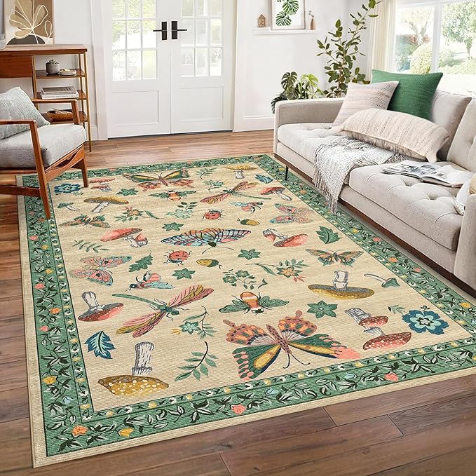 Mushroom Washable Area Rug 6x9 Rugs for Living Room Soft Low-Pile Stain Resistant Thin Carpet for Bedroom Dining Nursery Non Slip Mat with Rubber Khaki Green