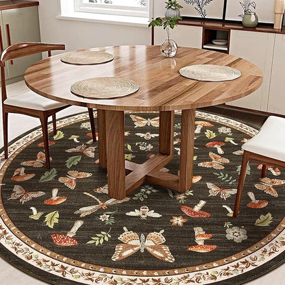 Mushroom Insect 8ft Round Rug Washable Non-Slip Soft Ultra-Thin Large Boho Circle Carpet for Entryway Kitchen Bedroom Nursery Dining Room Brown