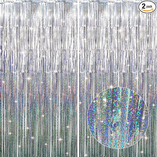 GOER 6.4 ft x 8.2 ft Metallic Tinsel Foil Fringe Curtains,Pack of 2 Party Streamer Backdrop for Birthday,Graduation Decorations and New Year Eve (Shiny Silver)