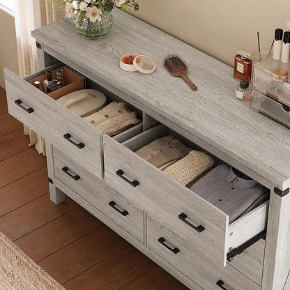 LINSY HOME Farmhouse 6 Drawer Double Dresser for Bedroom, 53” Wide Rustic Wood Chest with Deep Drawers, Modern Dressers with Storage and Metal Handles for Closet, Living Room, Hallway, Wash Grey