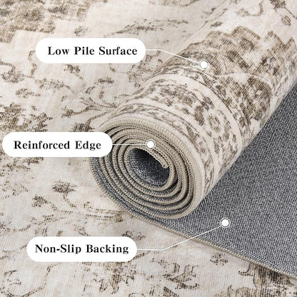 8x10 Vintage Washable Area Rugs Boho Medallion Large Distressed Retro Accent Carpet Floral Non-Slip Soft Low Pile Indoor Throw Rug for Living Room Bedroom Dining Room Office Kitchen, Taupe
