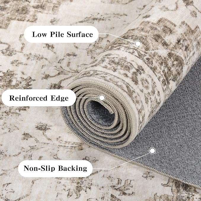 2x6 Hallway Washable Runner Rug Vintage Non-Slip Soft Kitchen Mat Boho Medallion Distressed Farmhouse Carpet Floral Low Pile Indoor Throw Rug for Entryway Bathroom Living Room Bedroom, Taupe